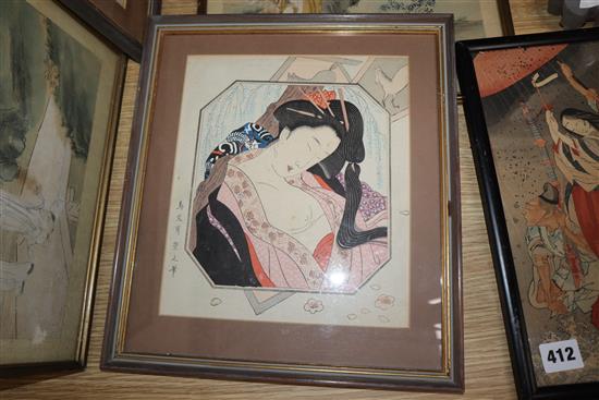 Six Japanese woodblock prints and and a Persian gouache painting, largest 36 x 26cm and a Chinese hardstone elephant